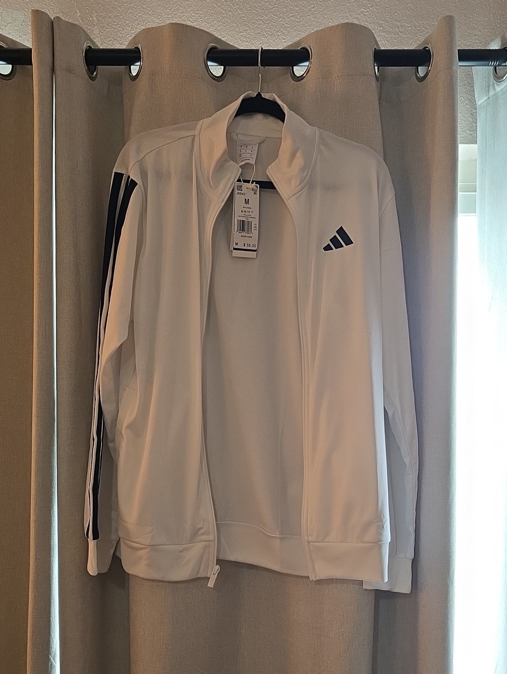 adidas Men’s White Zip-Front Performance Jacket with Black Stripes